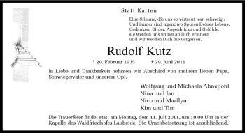 Anzeige von Rudolf Kutz von Westfälische Nachrichten