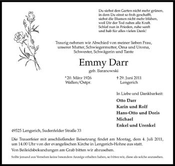 Anzeige von Emmy Darr von Westfälische Nachrichten