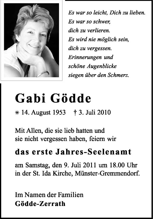  Traueranzeige für Gabi Gödde vom 02.07.2011 aus Westfälische Nachrichten
