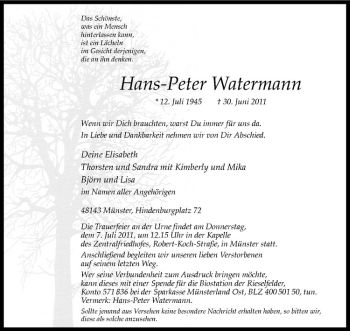 Anzeige von Hans-Peter Watermann von Westfälische Nachrichten