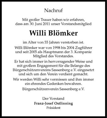Anzeige von Wilhelm Blömker von Westfälische Nachrichten