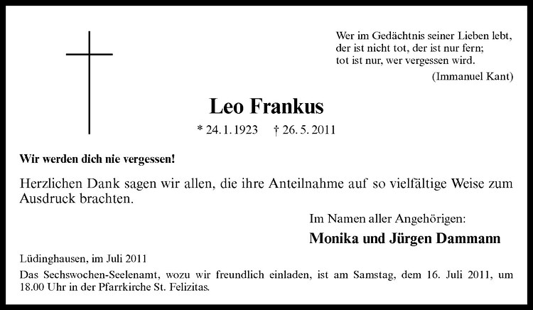  Traueranzeige für Leo Frankus vom 09.07.2011 aus Westfälische Nachrichten