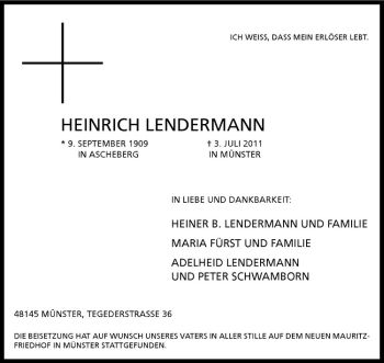Anzeige von Heinrich Lendermann von Westfälische Nachrichten