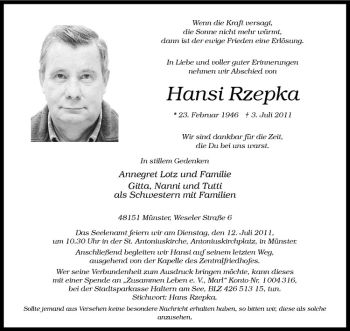 Anzeige von Hansi Rzepka von Westfälische Nachrichten