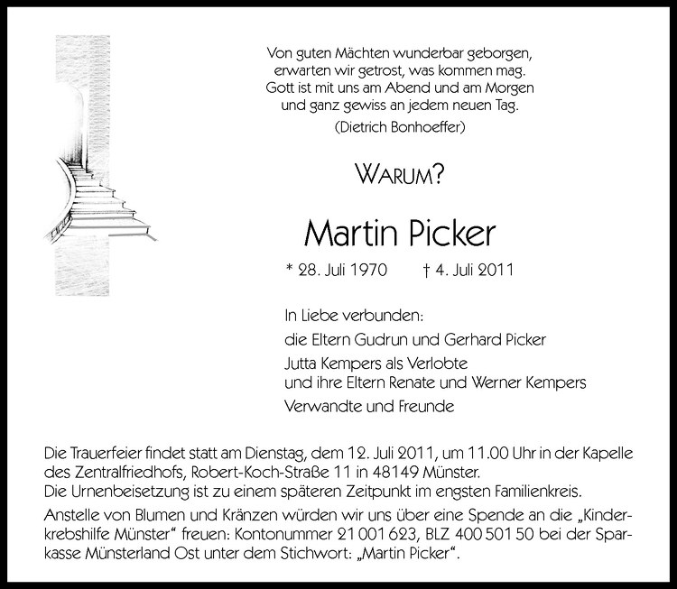  Traueranzeige für Martin Picker vom 09.07.2011 aus Westfälische Nachrichten