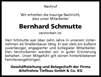 Anzeige von Bernhard Schmutte von Westfälische Nachrichten