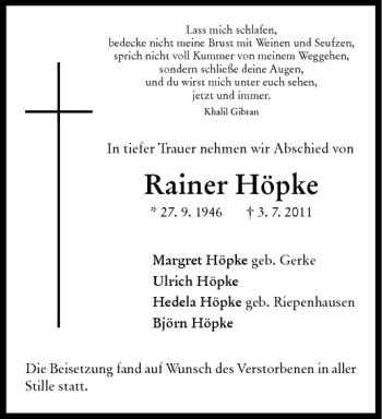 Anzeige von Rainer Höpke von Westfälische Nachrichten