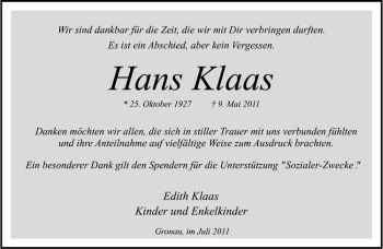Anzeige von Hans Klaas von Westfälische Nachrichten