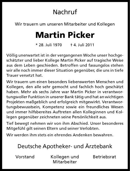  Traueranzeige für Martin Picker vom 16.07.2011 aus Westfälische Nachrichten