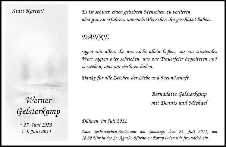  Traueranzeige für Werner Gelsterkamp vom 16.07.2011 aus Westfälische Nachrichten