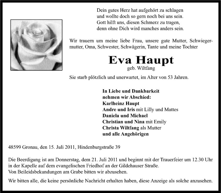 Traueranzeige für Eva Haupt vom 18.07.2011 aus Westfälische Nachrichten