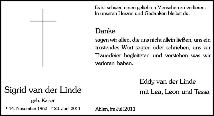  Traueranzeige für Sigrid van der Linde vom 23.07.2011 aus Westfälische Nachrichten