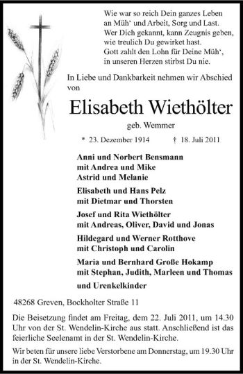 Anzeige von Elisabeth Wemmer von Westfälische Nachrichten