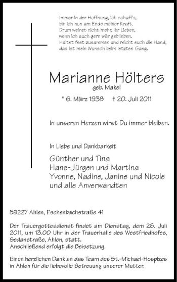 Anzeige von Marianne Hölters von Westfälische Nachrichten