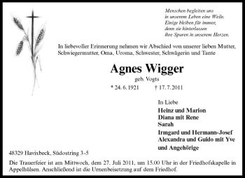 Anzeige von Agnes Wigger von Westfälische Nachrichten