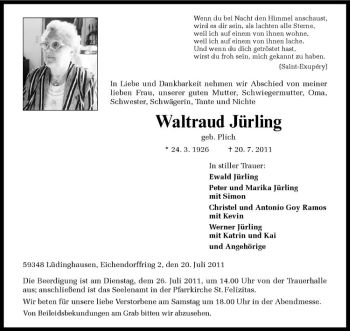 Anzeige von Waltraud Jürling von Westfälische Nachrichten