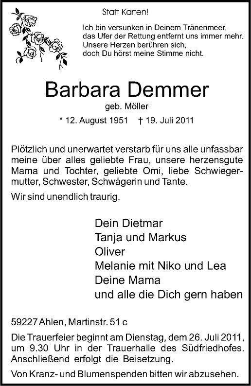  Traueranzeige für Barbara Demmer vom 23.07.2011 aus Westfälische Nachrichten