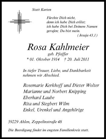 Anzeige von Rosa Kahlmeier von Westfälische Nachrichten