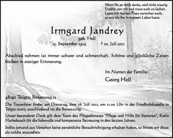 Anzeige von Irmgard Jandrey von Westfälische Nachrichten