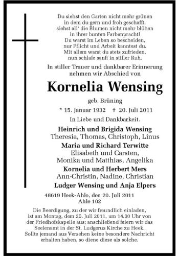 Anzeige von Kornelia Wensing von Westfälische Nachrichten
