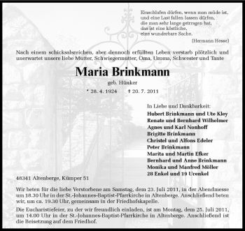Anzeige von Maria Brinkmann von Westfälische Nachrichten