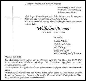 Anzeige von Wilhelm Bremer von Westfälische Nachrichten