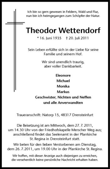 Anzeige von Theodor Wettendorf von Westfälische Nachrichten