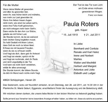Anzeige von Paula Roters von Westfälische Nachrichten