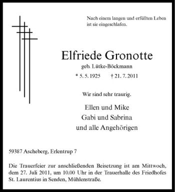 Anzeige von Elfriede Gronotte von Westfälische Nachrichten