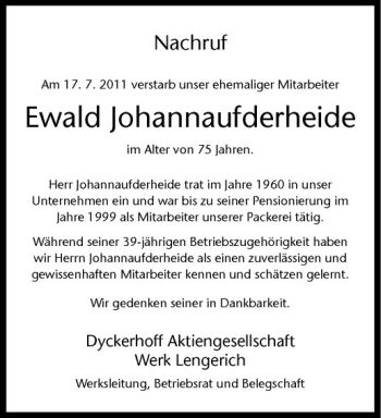Anzeige von Ewald Johannaufderheide von Westfälische Nachrichten