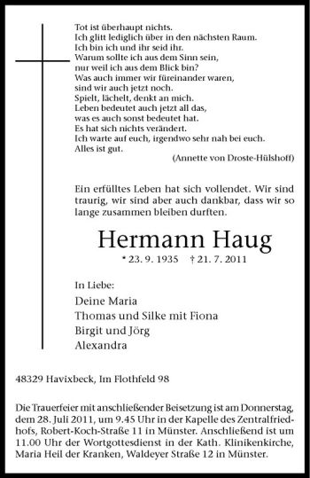 Anzeige von Hermann Haug von Westfälische Nachrichten