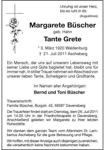 Anzeige von Margarete Büscher von Westfälische Nachrichten