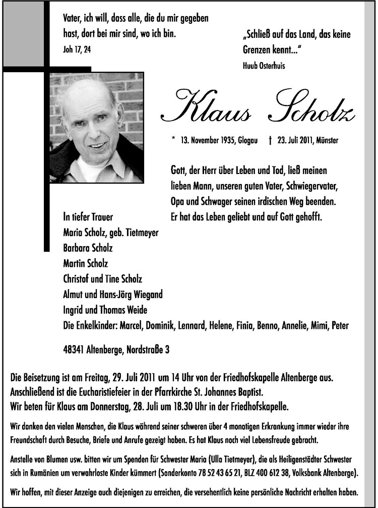 Traueranzeige für Klaus Scholz vom 26.07.2011 aus Westfälische Nachrichten
