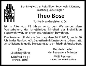 Anzeige von Theodor Bose von Westfälische Nachrichten