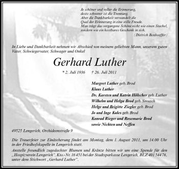 Anzeige von Gerhard Luther von Westfälische Nachrichten