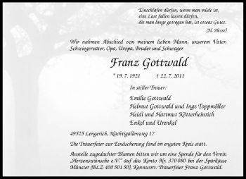 Anzeige von Franz Gottwald von Westfälische Nachrichten