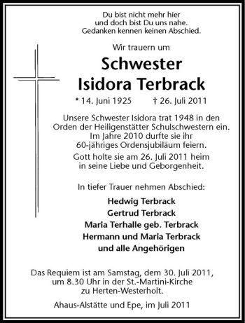 Anzeige von Isidora Terbrack von Westfälische Nachrichten