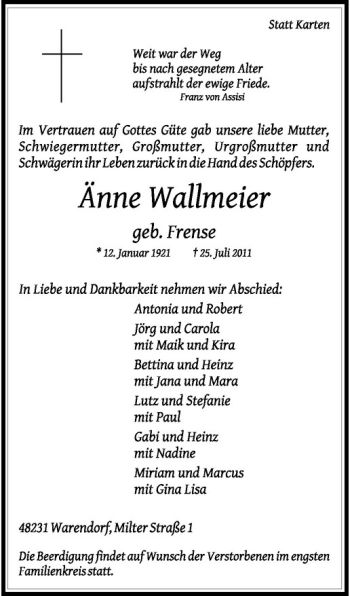 Anzeige von Änne Wallmeier von Westfälische Nachrichten