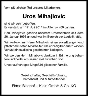 Anzeige von Uros Mihajlovic von Westfälische Nachrichten