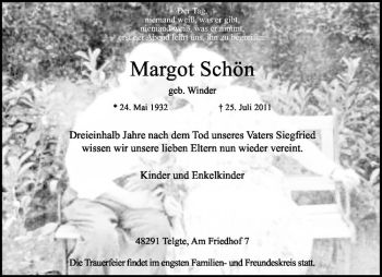Anzeige von Margot Schön von Westfälische Nachrichten