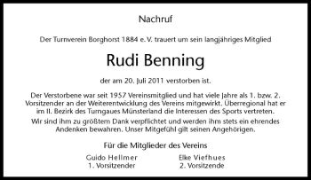 Anzeige von Rudi Benning von Westfälische Nachrichten