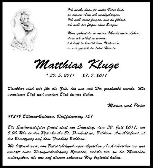  Traueranzeige für Matthias Kluge vom 29.07.2011 aus Westfälische Nachrichten