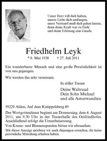 Anzeige von Friedhelm Leyk von Westfälische Nachrichten