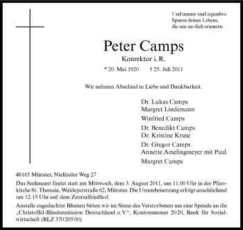 Anzeige von Peter Camps von Westfälische Nachrichten
