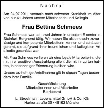 Anzeige von Bettina Schmees von Westfälische Nachrichten