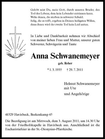 Anzeige von Anna Schwanemeyer von Westfälische Nachrichten