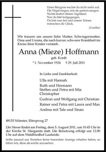 Anzeige von Anna Hoffmann von Westfälische Nachrichten