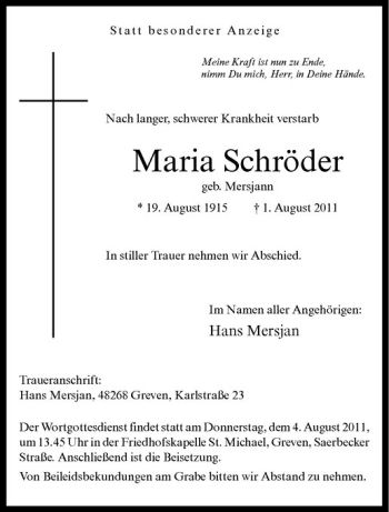 Anzeige von Maria Schröder von Westfälische Nachrichten