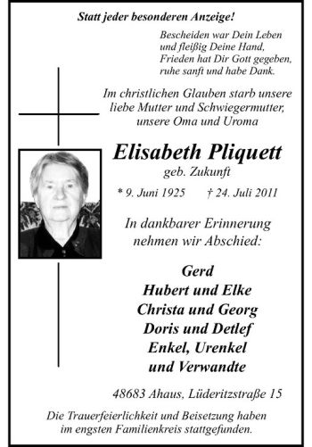 Anzeige von Elisabeth Pliquett von Westfälische Nachrichten