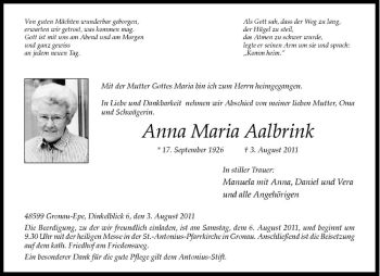 Anzeige von Anna Maria Aalbrink von Westfälische Nachrichten